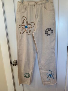 POL Cream Embroidered Flower Pants with Blue & Green Accents